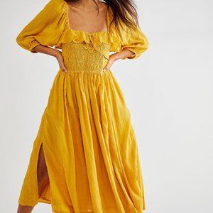 Free People Oasis Midi Dress Puff Sleeve Shirred Bodice Slit